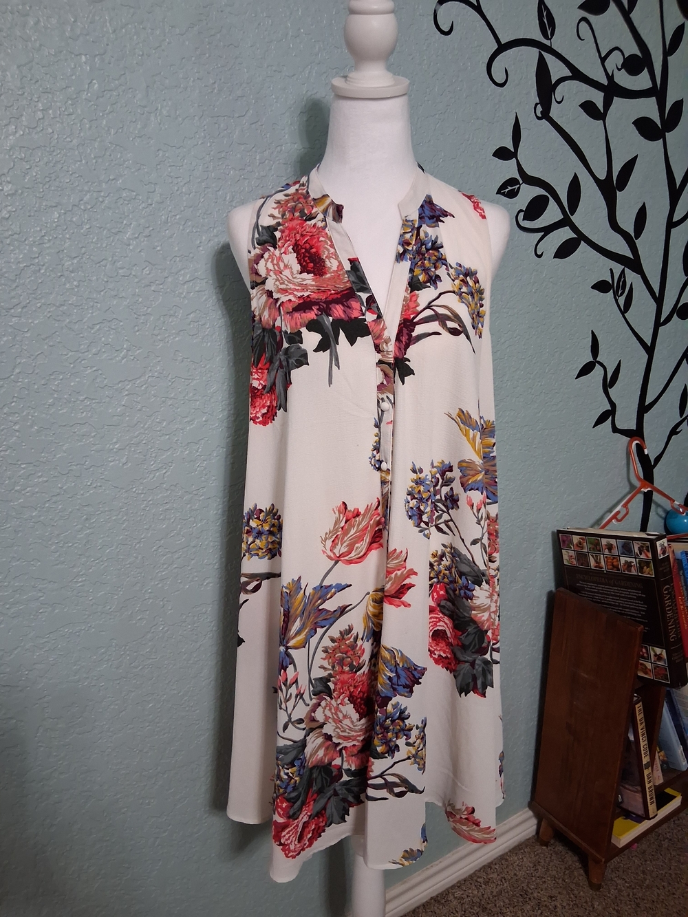 Umgee Cream Floral Mini Dress with Red and Blue Blooms